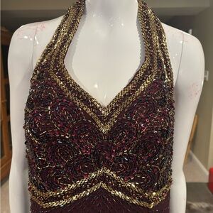 Embellished Halter Prom Dress in Wine with Gold Accents